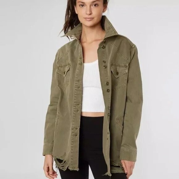 Free People | Distressed Military Utility Jacket | Olive Green | Small - Picture 13 of 14